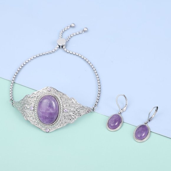 NEW Amethyst & Austrian Crystal Earrings & Bolo Bracelet Set - Picture 5 of 5